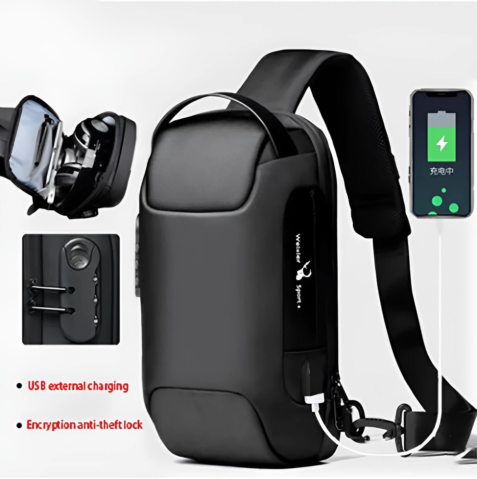 Waterproof Oxford cloth anti-theft shoulder bag showing organisational pockets and zipper closure