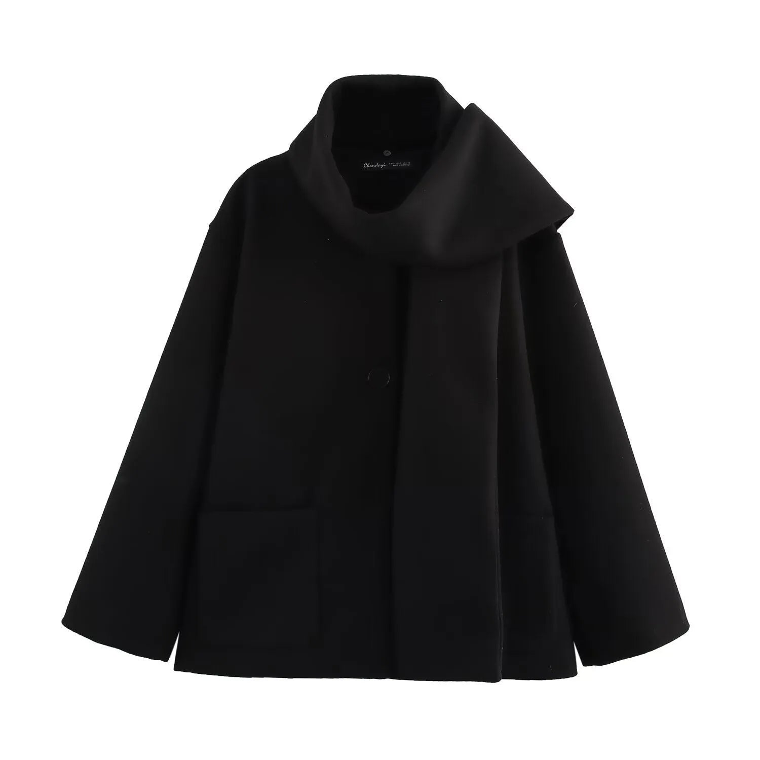 Women's long black polyester winter coat with a fluffy artificial fur collar, shown in a street fashion style.