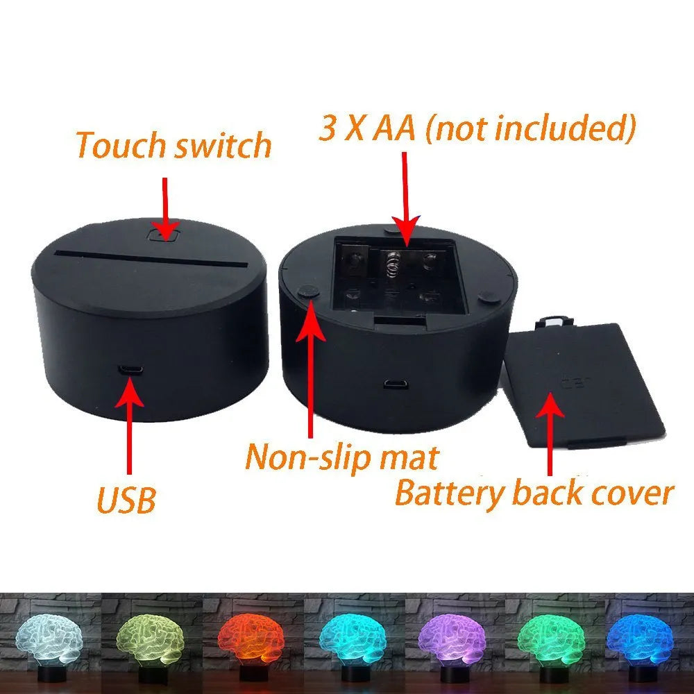 3D acrylic LED desk lamp showing colourful light projection with remote control on a wooden table.