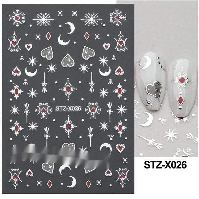 Pack of black and silver striped nail art stickers with cartoon and love pattern designs.