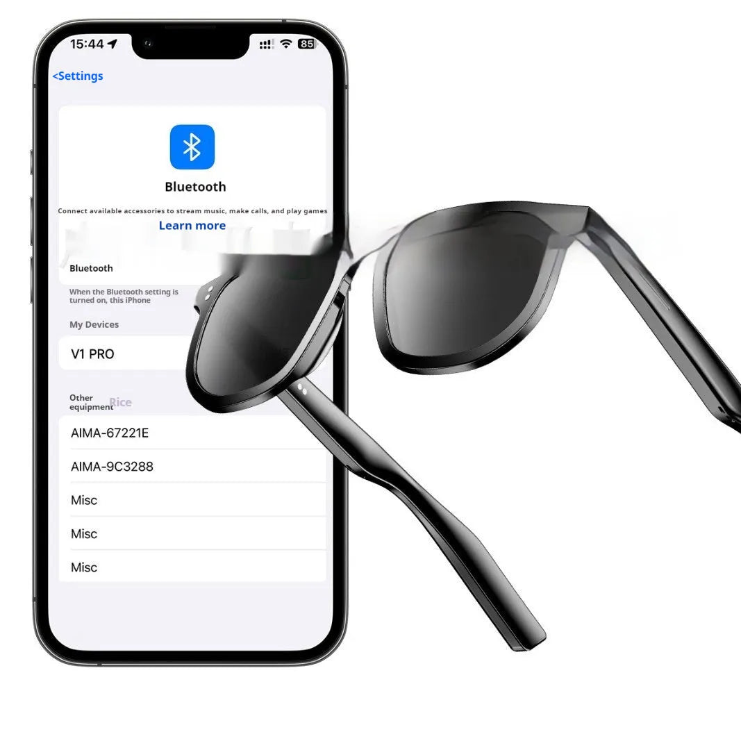 Black Bluetooth smart sunglasses with touch controls for wireless calls and audio.