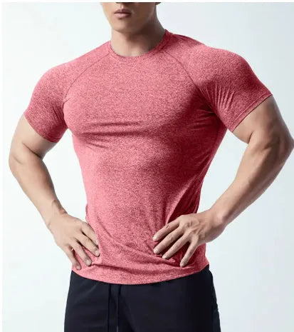 Men's casual short sleeve round neck t-shirt in black, grey, green, or pink, made from quick-dry polyester fabric.
