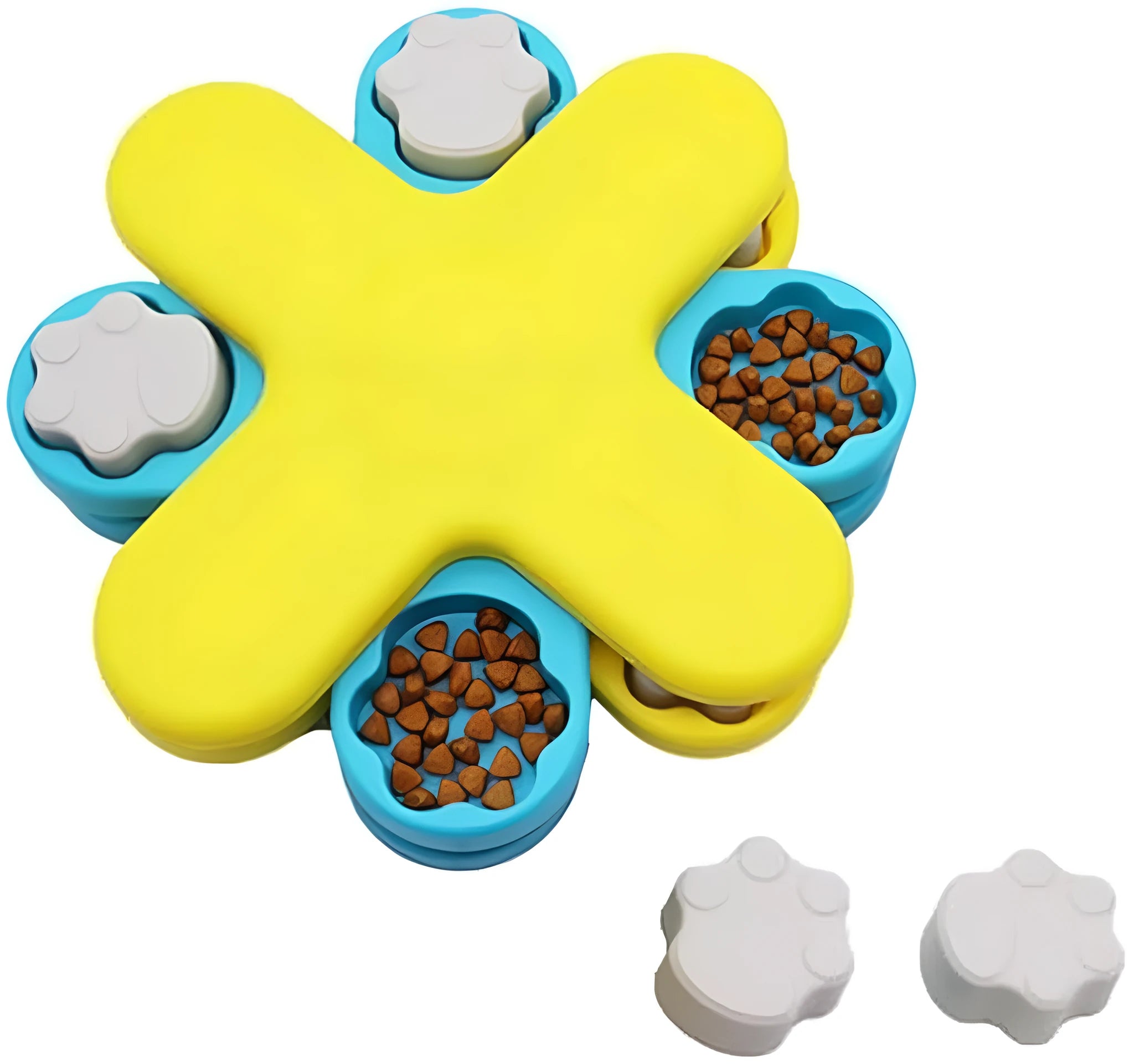 Yellow three-layer rotating dog puzzle feeder with anti-slip rubber pads on base