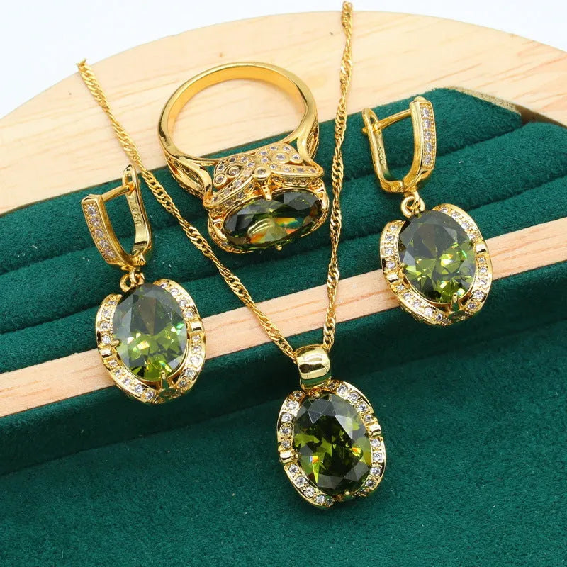 Women's full rhinestone zircon jewellery set with snake bones chain in olive green or red colour