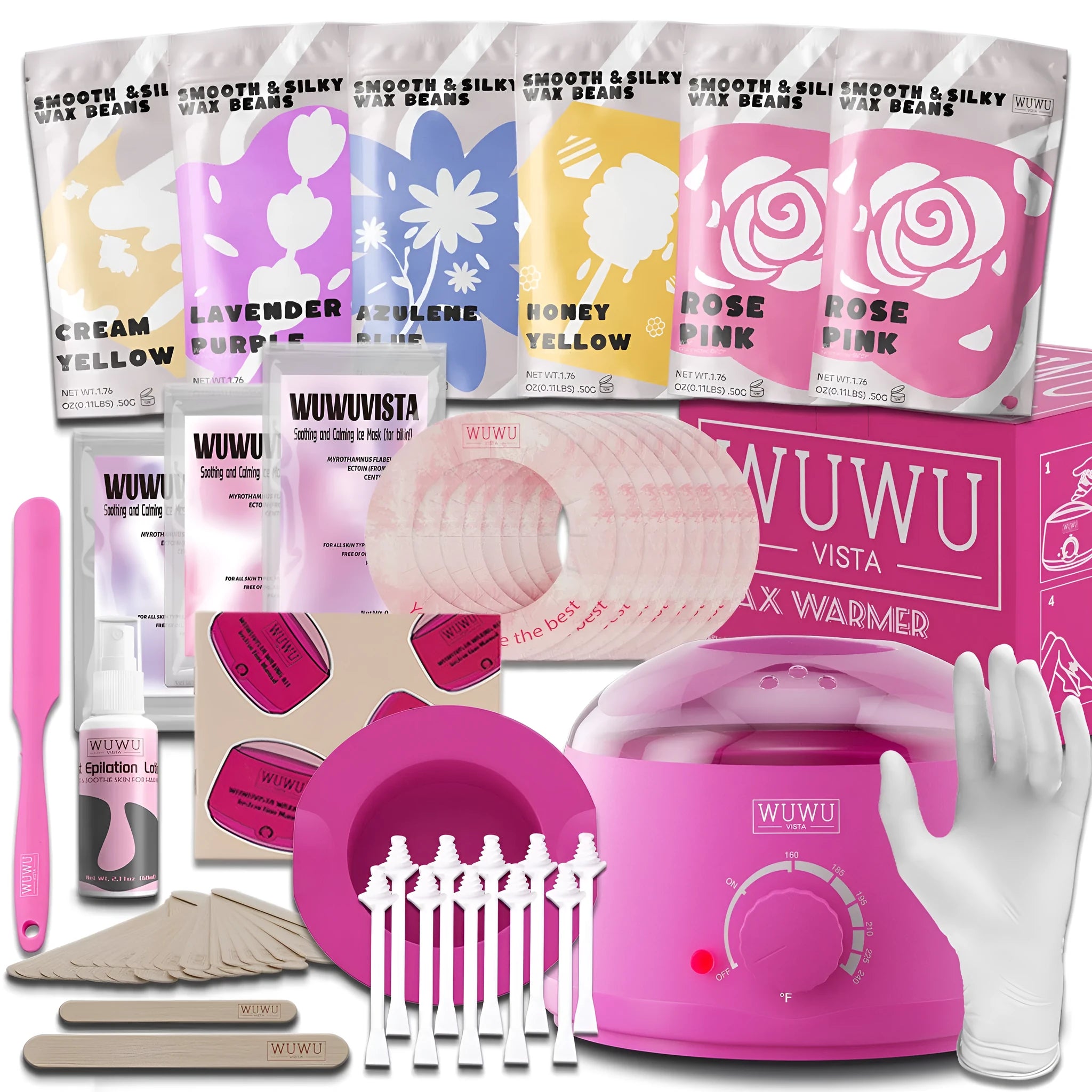 WUWUVISTA 56-piece professional waxing kit with black wax warmer, coloured wax beads, applicators and aftercare products