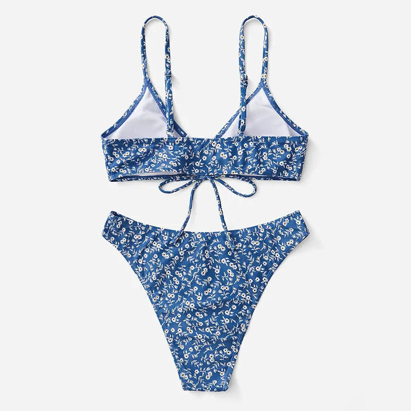Blue polyester swimsuit three-piece set without underwire showing top and shorts