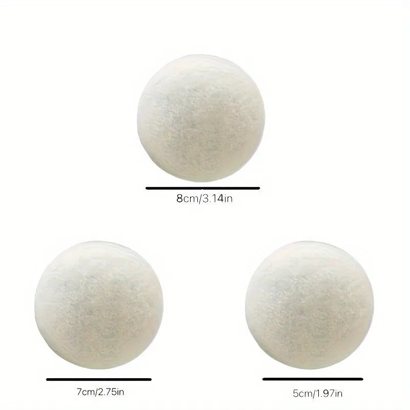 Set of six wool drying balls in three sizes 5cm 7cm 8cm for static reduction and chemical-free fabric softening
