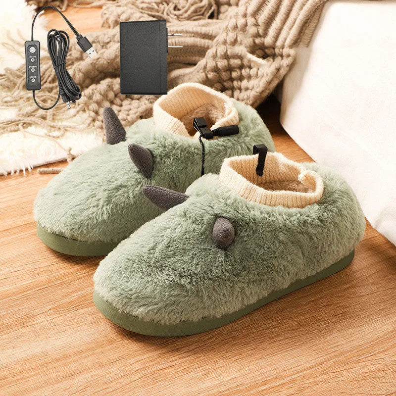 USB electric heating slippers in soft velvet, showing adjustable temperature controls and a connected USB cable.