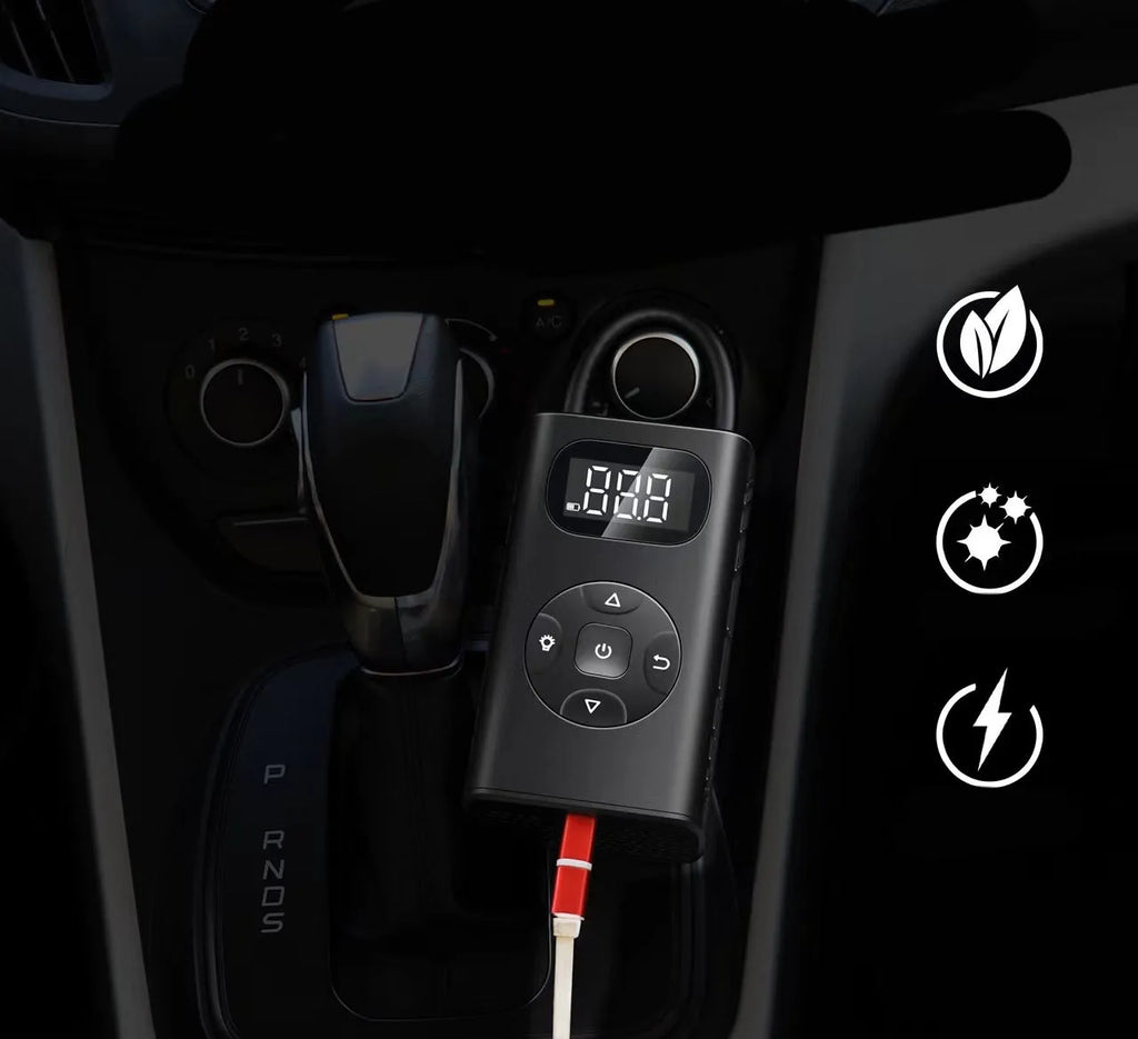 Black M09X portable USB electric air compressor power bank for tyre inflation.