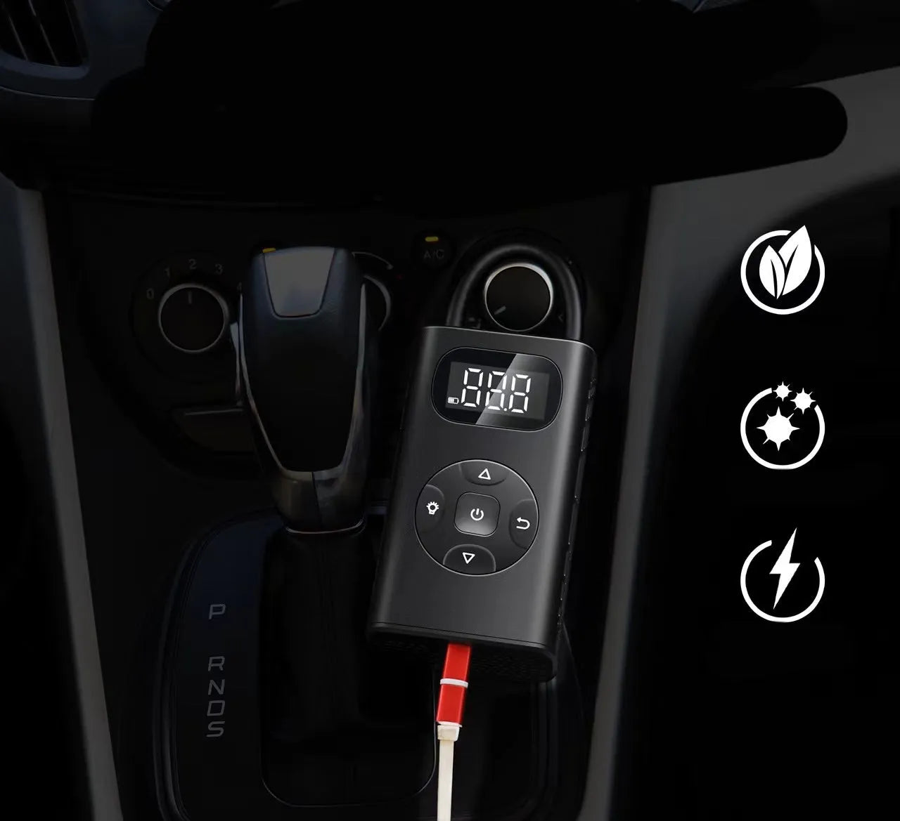 Black M09X portable USB electric air compressor power bank for tyre inflation.