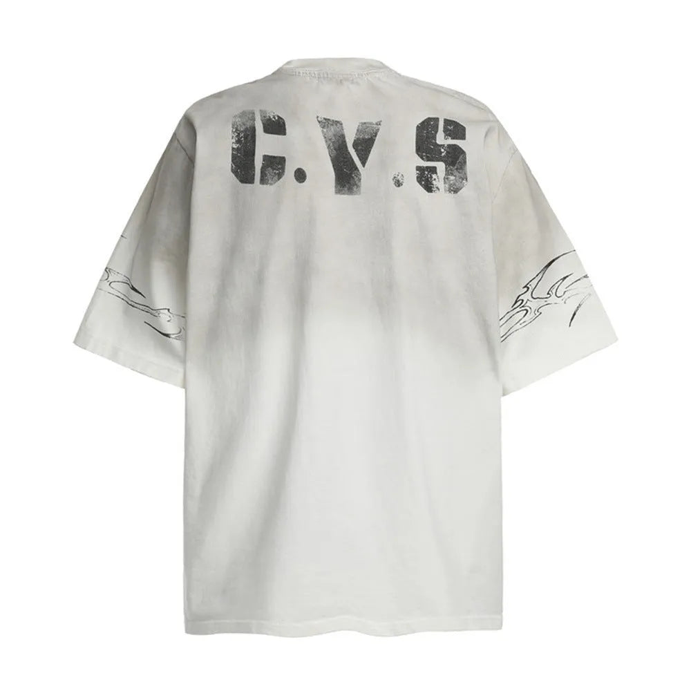 Men's black and white printed short-sleeved cotton t-shirt laid flat, showing sizes S, M, L, XL.