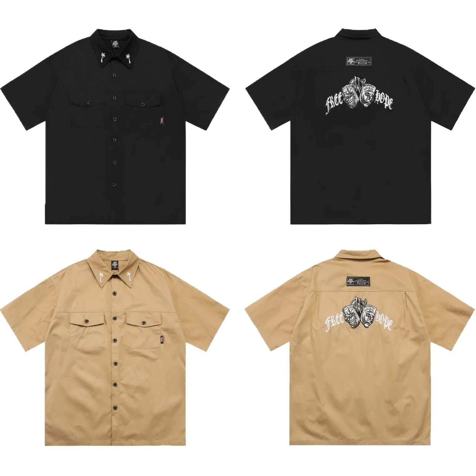 Men's cotton blend pocket work shirt in black or khaki with half sleeves and loose fit