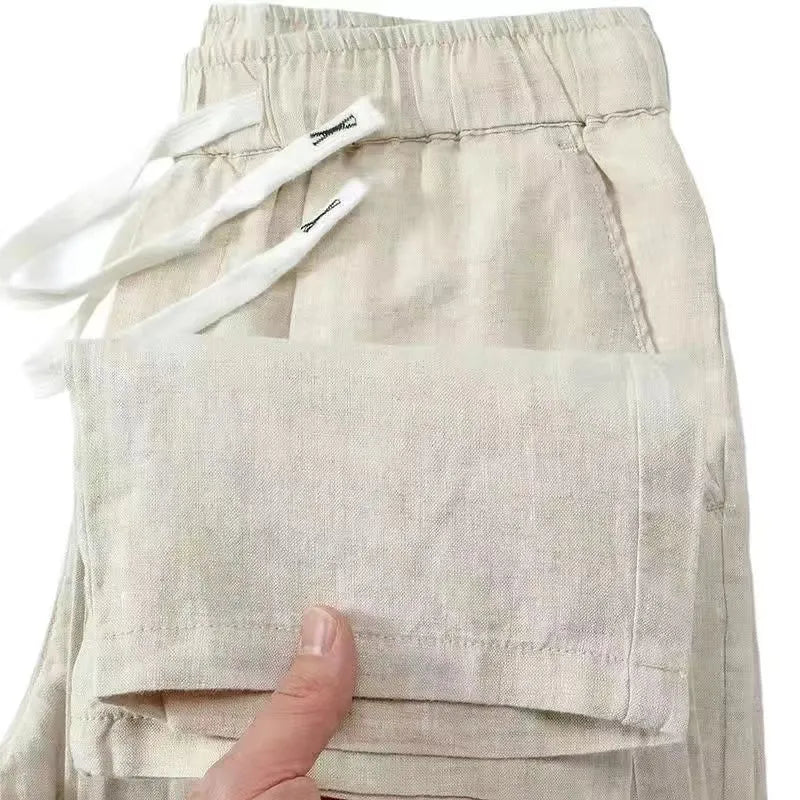 Pure linen Chinese style trousers with drawstring waist in straight leg design