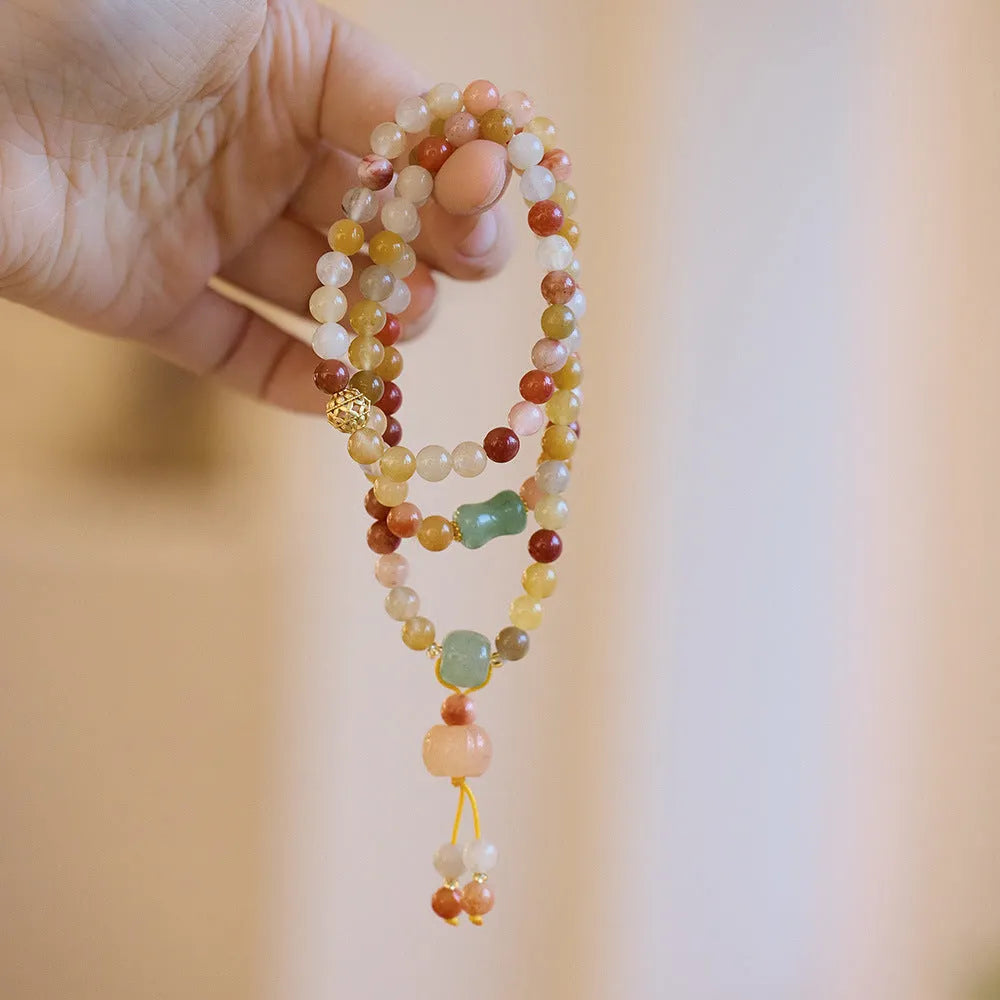 Women's handmade three-circle pumpkin tassel bracelet in green Jinsi Jade, 6mm beads, national style
