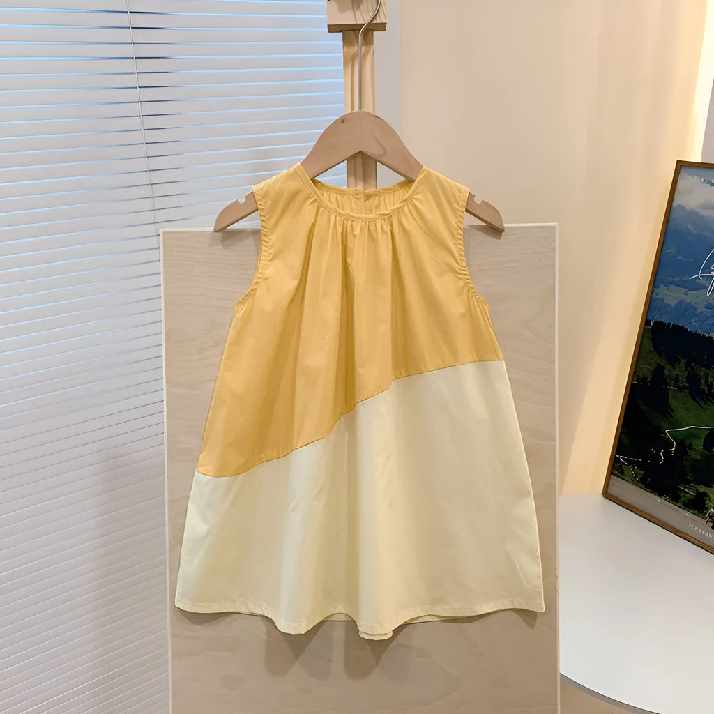 Girls cotton sleeveless suspender dress colour matching, available in cream yellow, pink, hibiscus purple, tail green, sizes 80-150cm