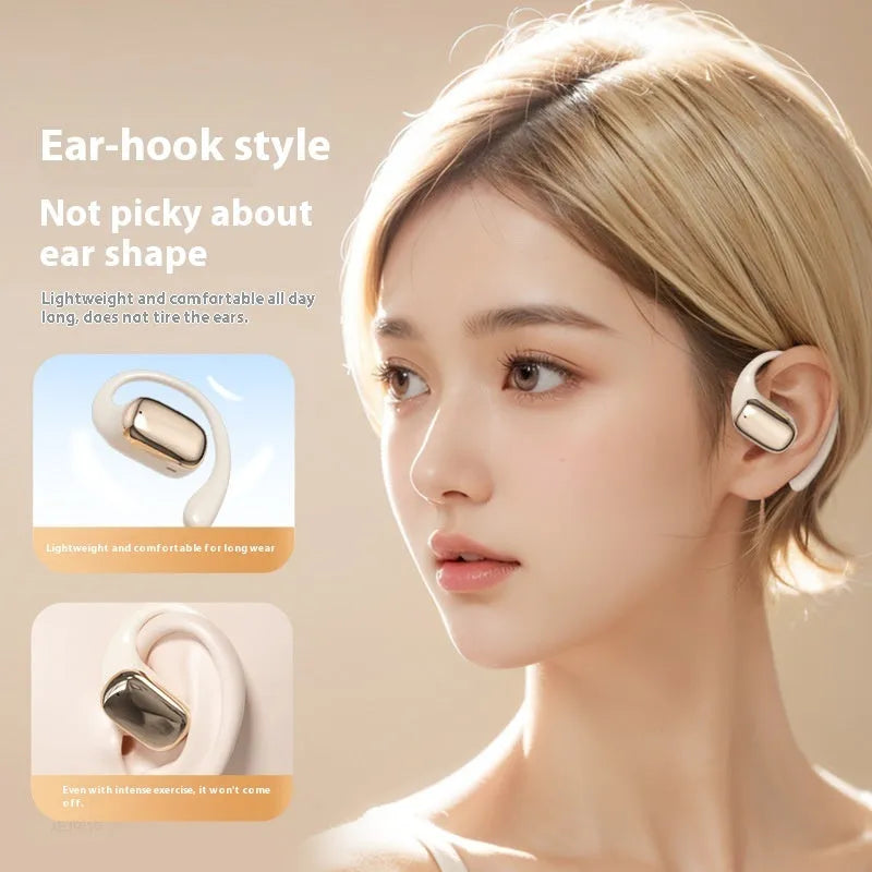 Ear-mounted wireless headphones with a digital display screen on the earpiece.