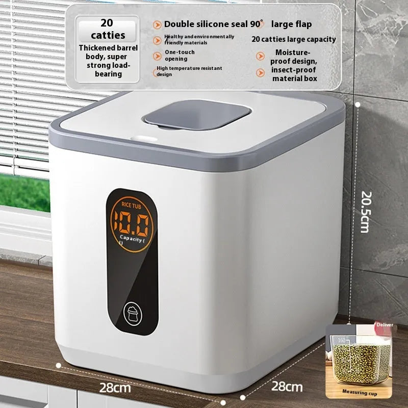 Grey plastic sealed rice storage jar with lid and measuring cup in 10kg, 20kg, or 30kg sizes.
