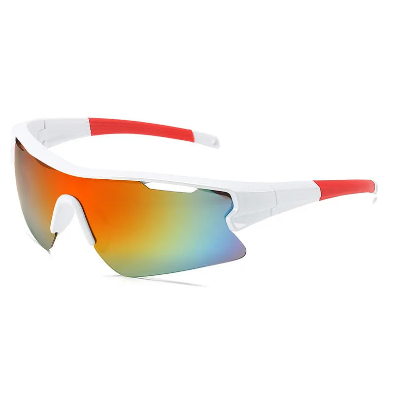 Windproof sports cycling sunglasses in black frame with grey lens on outdoor background.