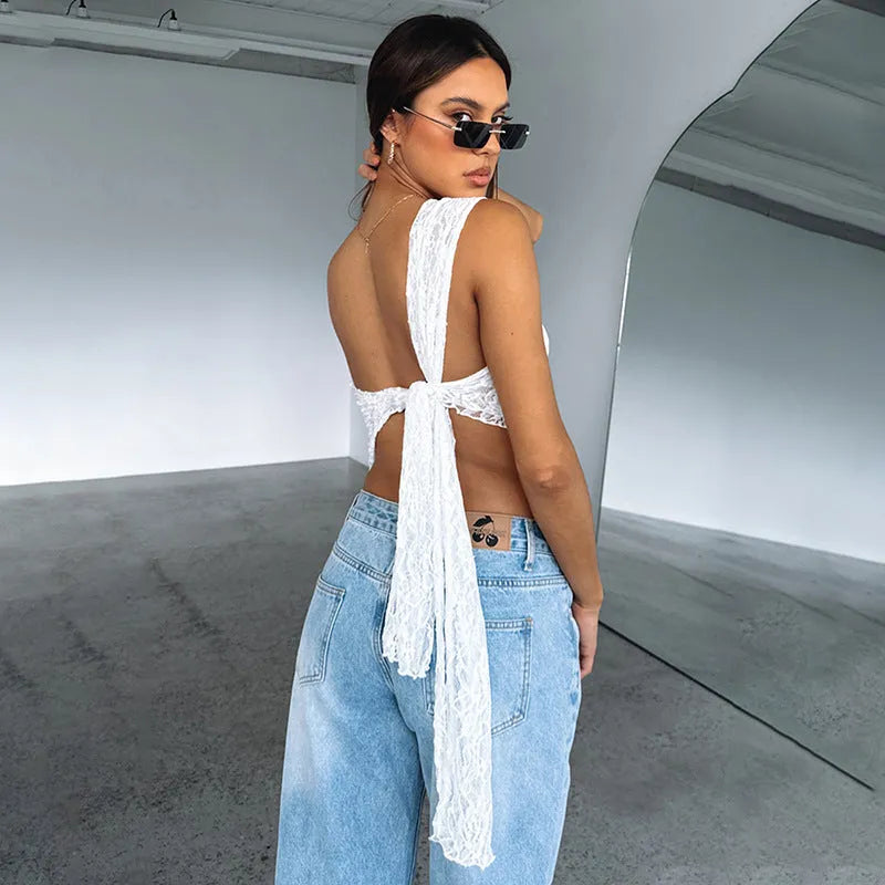 Women's lace backless sleeveless polyester vest top with asymmetrical neckline in solid colour