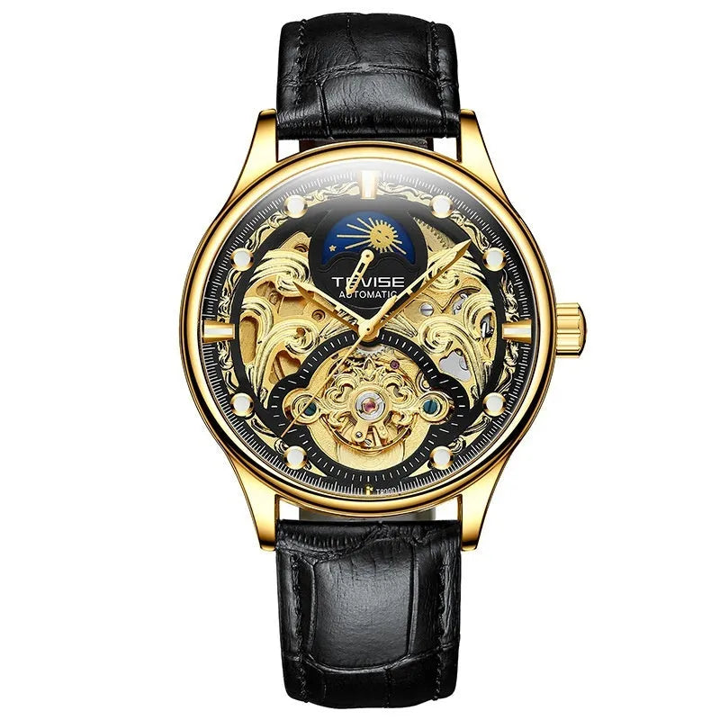 Men's gold leather strap automatic waterproof watch with 16mm thick case
