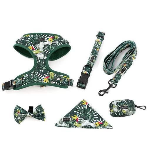 Adjustable cloth dog harness vest set with leash, collar, waste bag, bow tie and bib in six-piece gift package