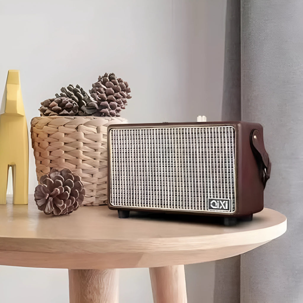 Red leather pattern mini portable Bluetooth speaker card design with dual speakers and microphone option