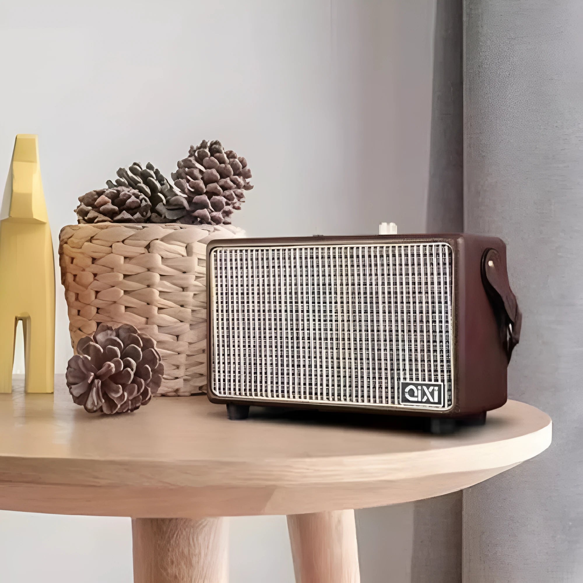Red leather pattern mini portable Bluetooth speaker card design with dual speakers and microphone option