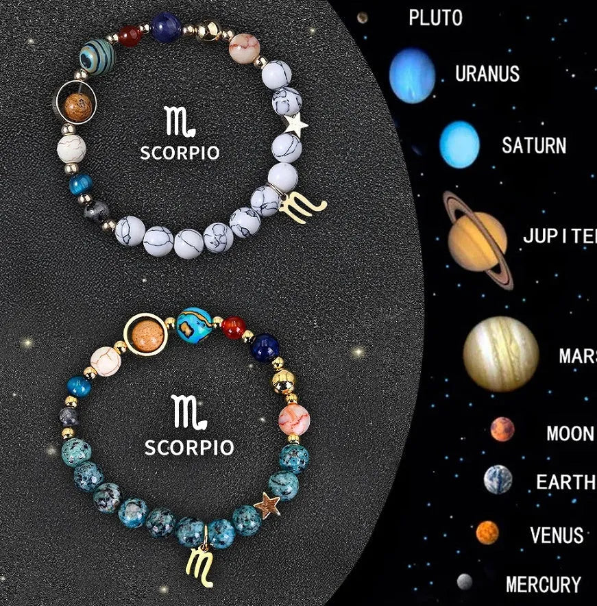 Set of twelve natural stone bead zodiac bracelets showing different star sign designs with adjustable strings