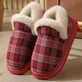 Plaid pattern suede ankle wrap slippers for men and women available in coffee, gray, green, and red