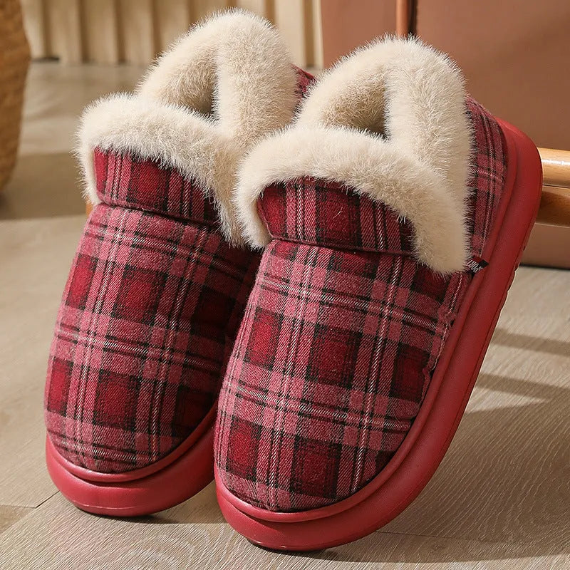 Plaid pattern suede ankle wrap slippers for men and women available in coffee, gray, green, and red
