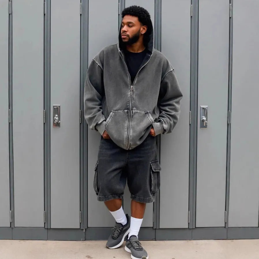 Men's loose cotton hoodie and jogger set with pullover hooded sweatshirt and pants, wool lining, S-2XL
