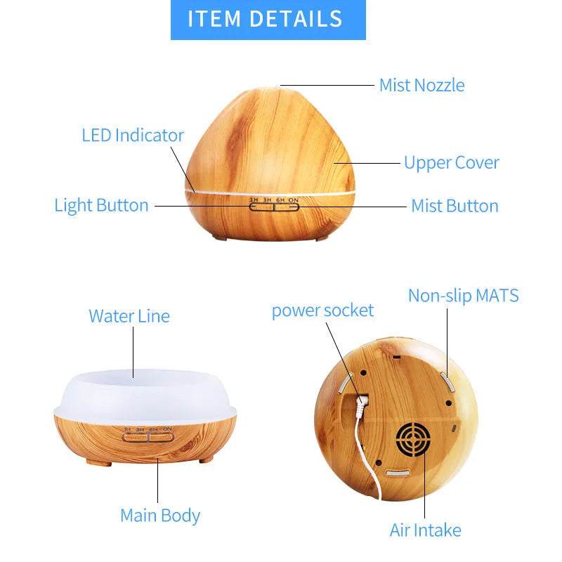 Air humidifier aromatherapy machine with 500ml capacity in dark wood finish on a table