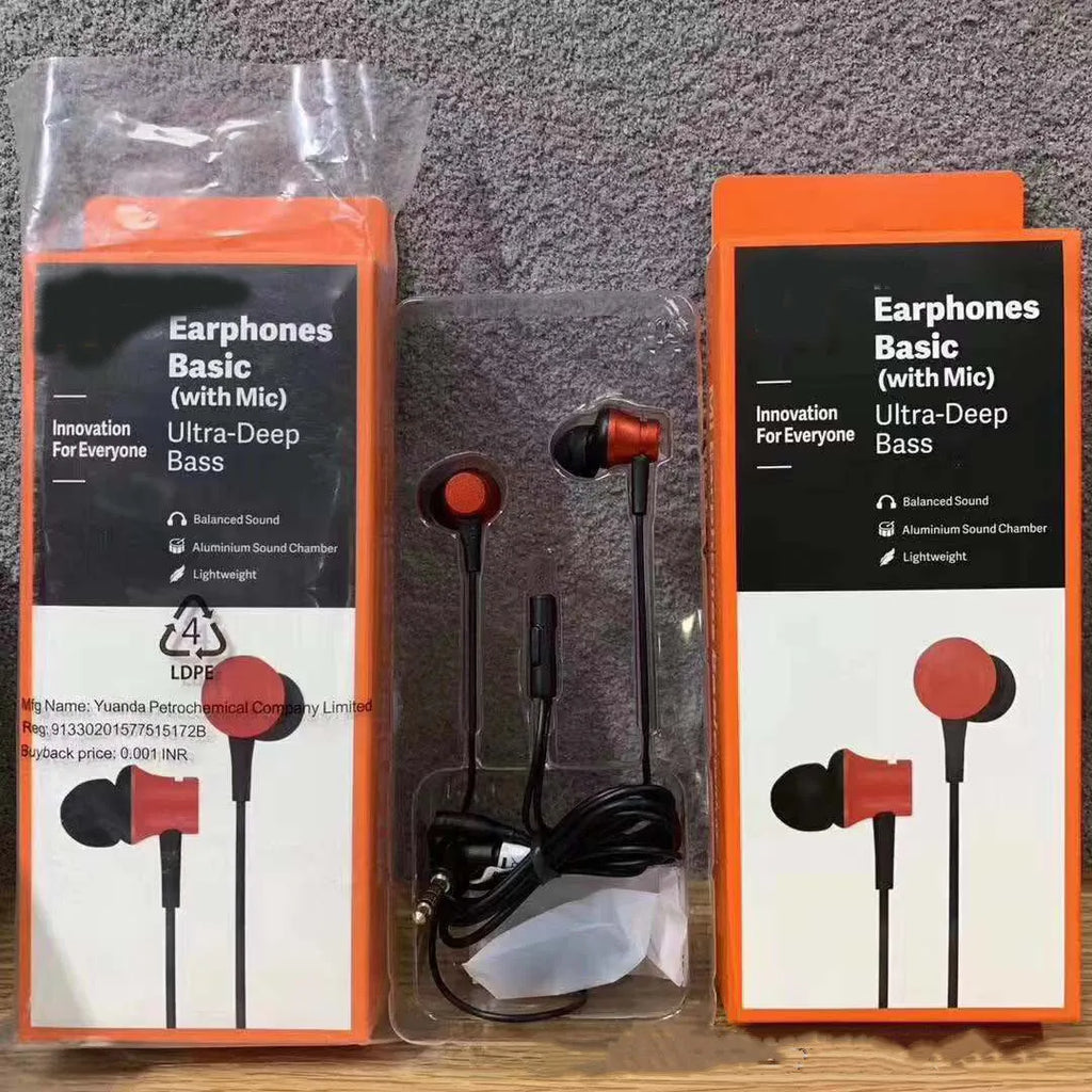 Piston in-ear wired headphones with 3.5mm plug in black, blue, and red colour options