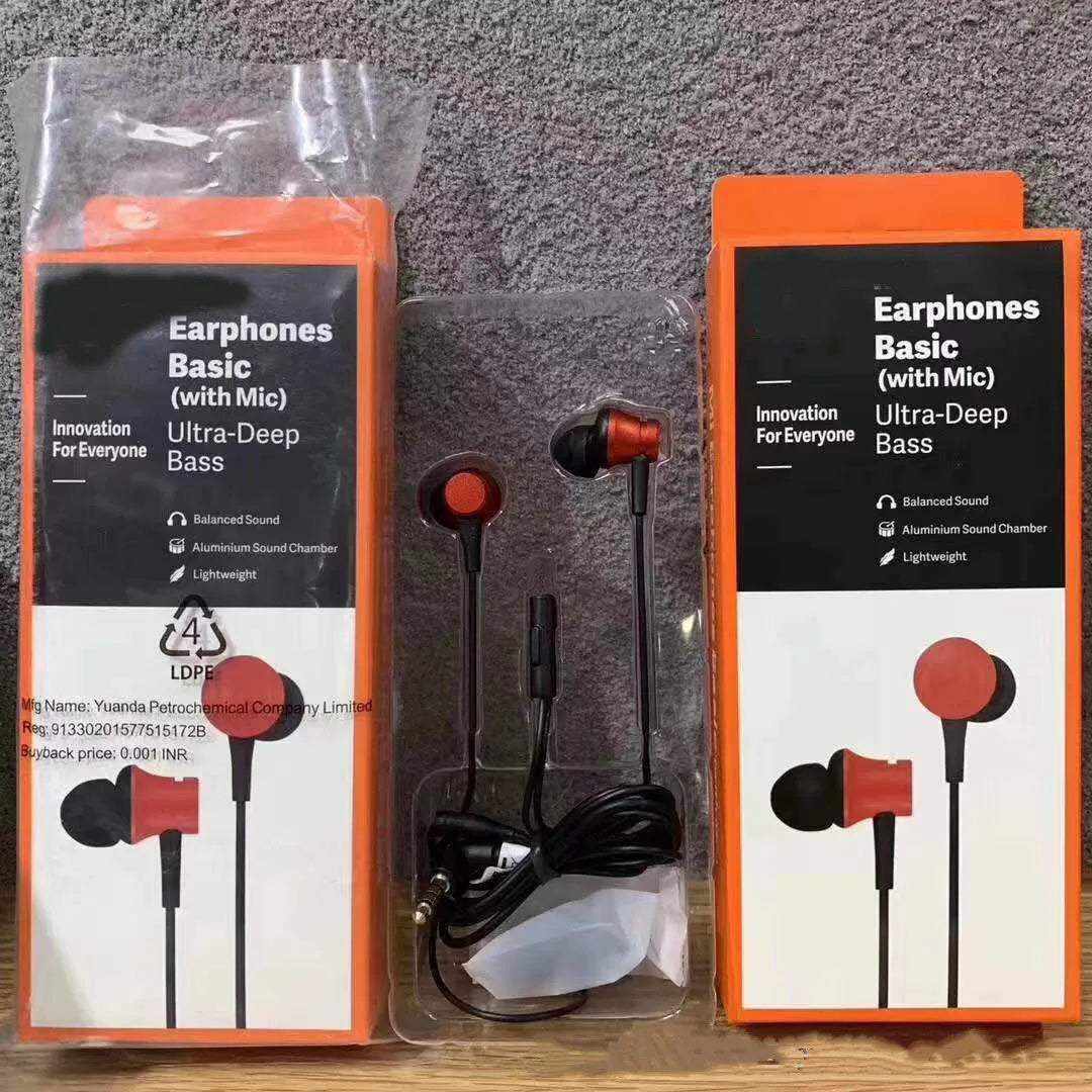 Piston in-ear wired headphones with 3.5mm plug in black, blue, and red colour options