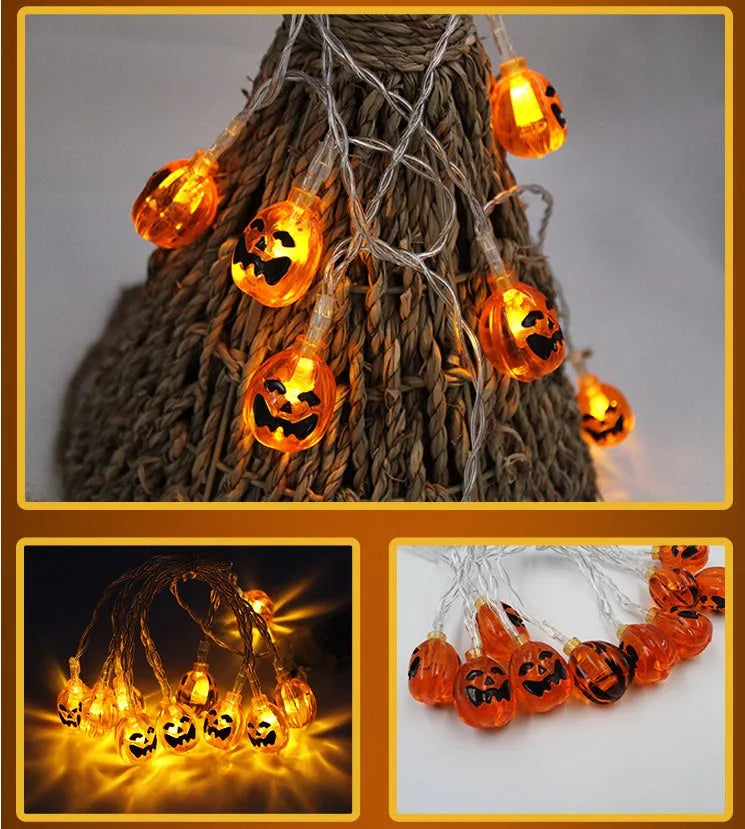 Halloween LED string lights with pumpkin, ghost and bat pendants on 1.2 metre white cord