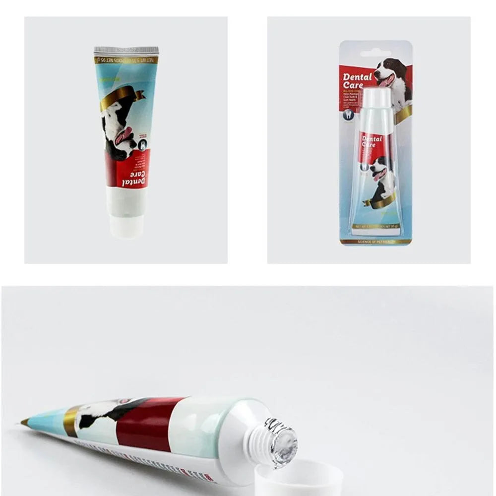 95g dog toothpaste tube in plastic packaging for plaque and bad breath