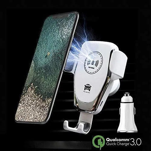 Black car wireless charger mounted on dashboard charging iPhone automatically