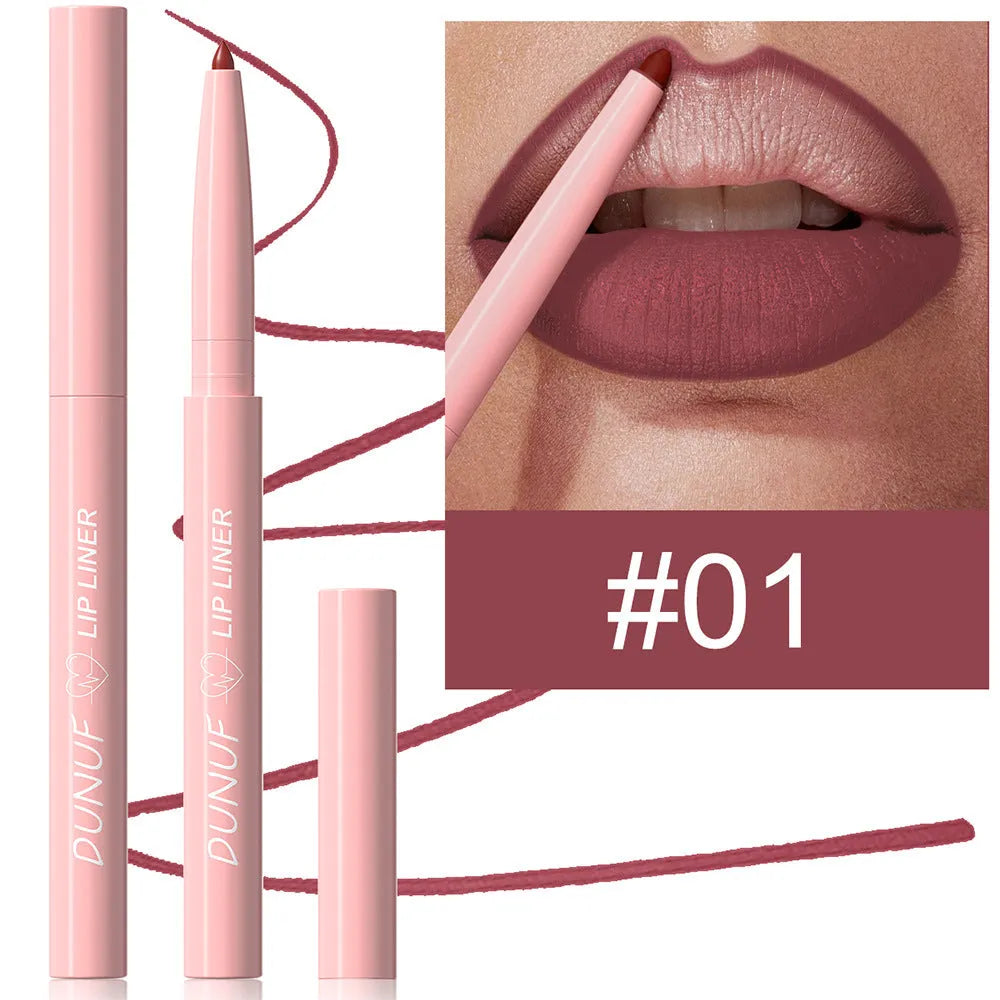 A single velvet matte lip liner pencil shown with a swatch of its colour, representing one of 12 available shades.