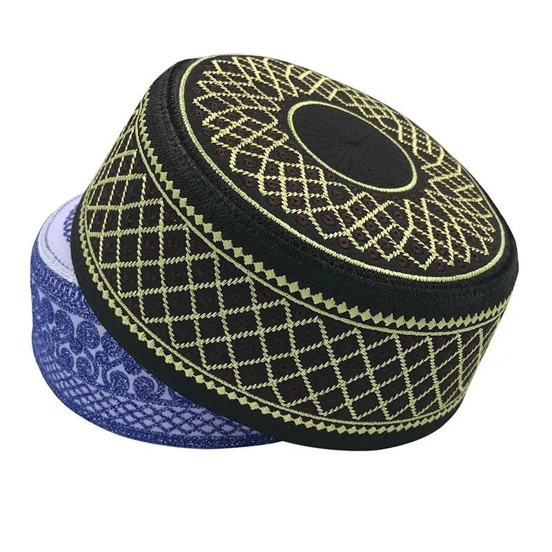 Polyester flat top hat in Red hole yellow line colour, 8 cm height, for Muslim men