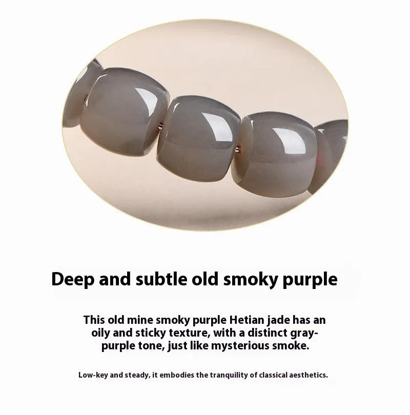 Natural Smokey Violet Hetian Jade straight cut bracelet with 8x9mm stones on a wrist.