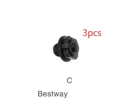 Pack of three plastic rotating valve nozzle covers for inflatable product repair