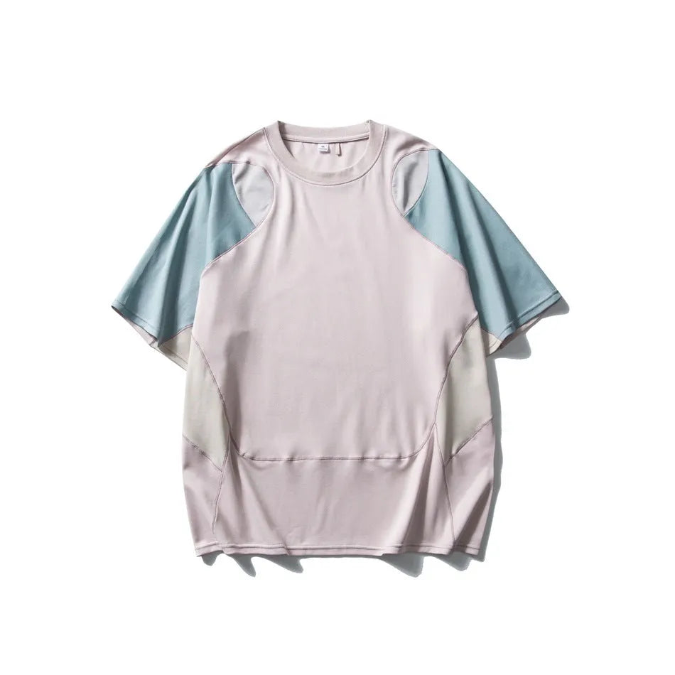 Men's loose patchwork contrast colour sports T-shirt with short raglan sleeves