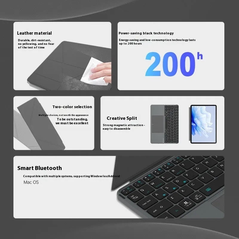 Grey wireless Bluetooth folding keyboard for mobile phones and tablets showing compact folded design