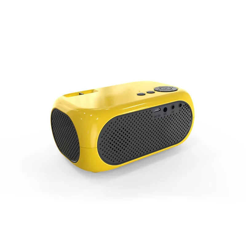 M24 gold and white micro mini portable LED projector with power adapter and AV cable on a grey background