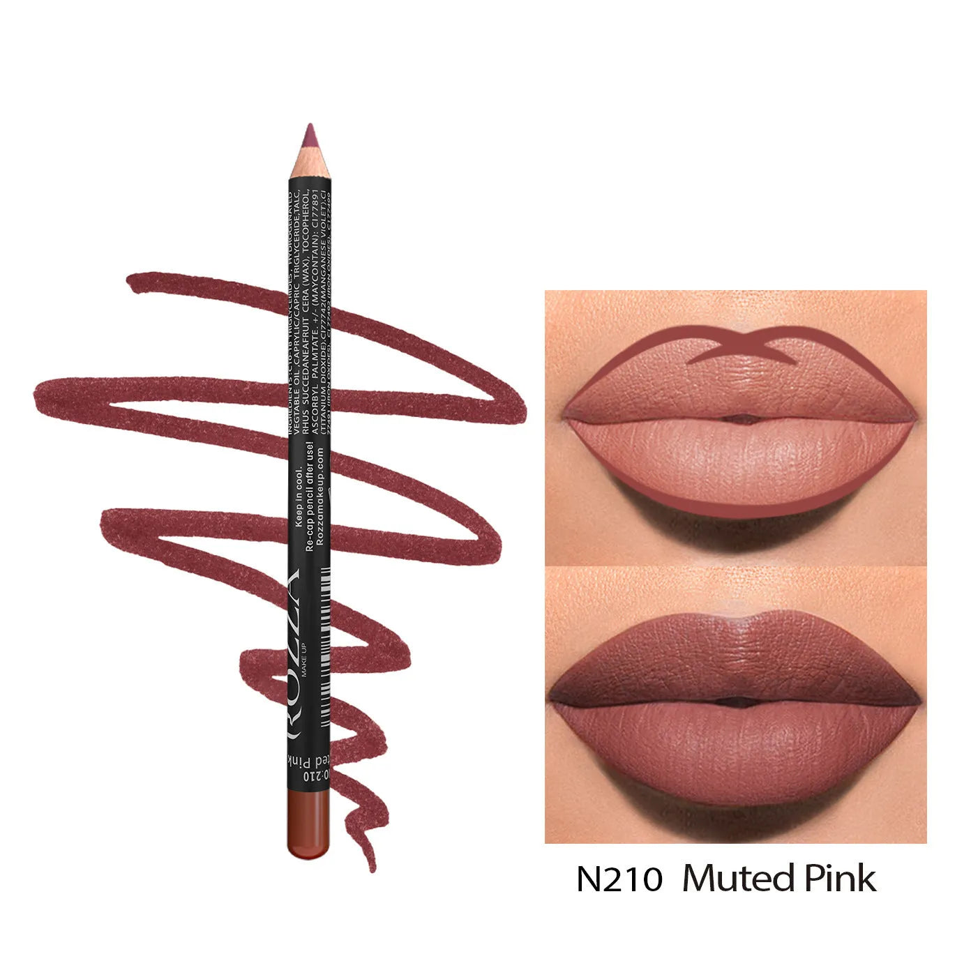 Wood-cased matte lip liner pencil in one of fourteen shades, shown on a hand
