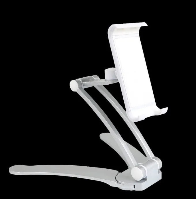 Silver aluminium desktop tablet stand with adjustable angle and folding clamp holding a tablet.