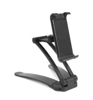 Silver aluminium desktop tablet stand with adjustable angle and folding clamp holding a tablet.