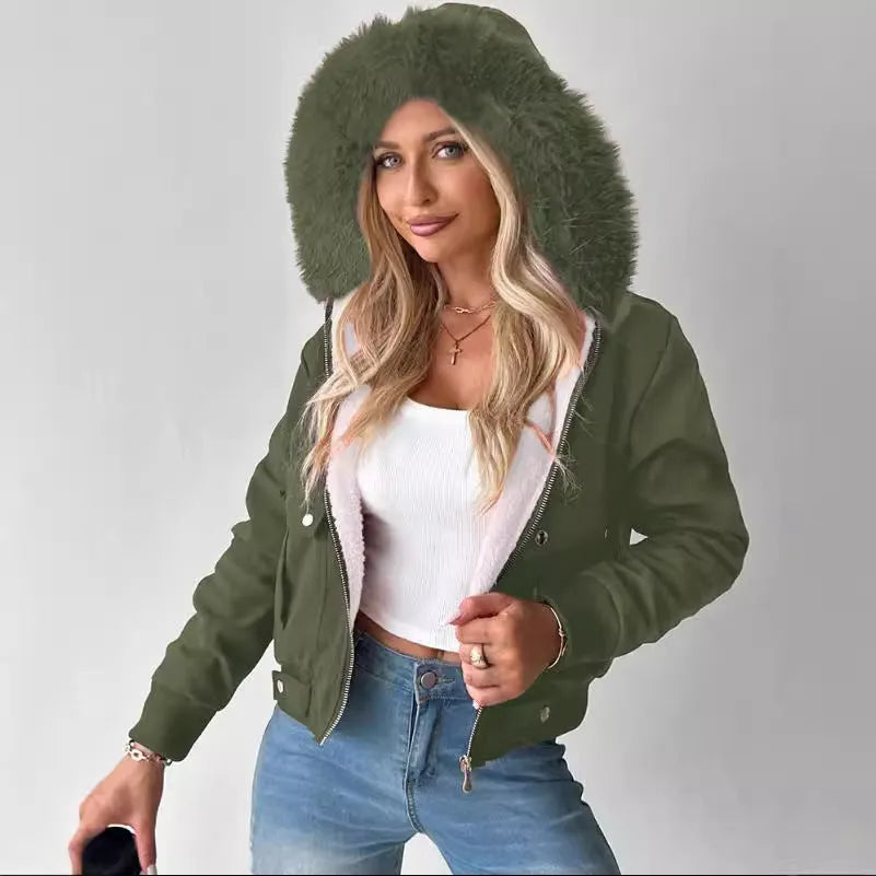 Women's casual hooded jacket with furry lining in Black, long sleeves, polyester fabric