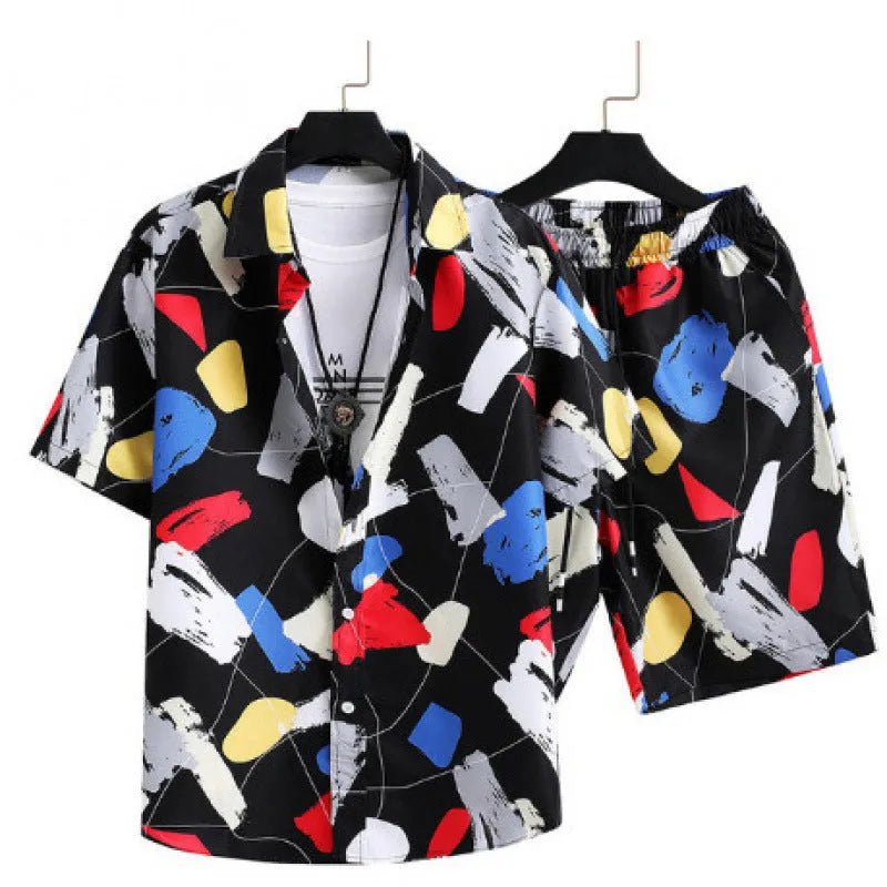 Men's digital printed cardigan and shorts casual suit set in elastic fabric