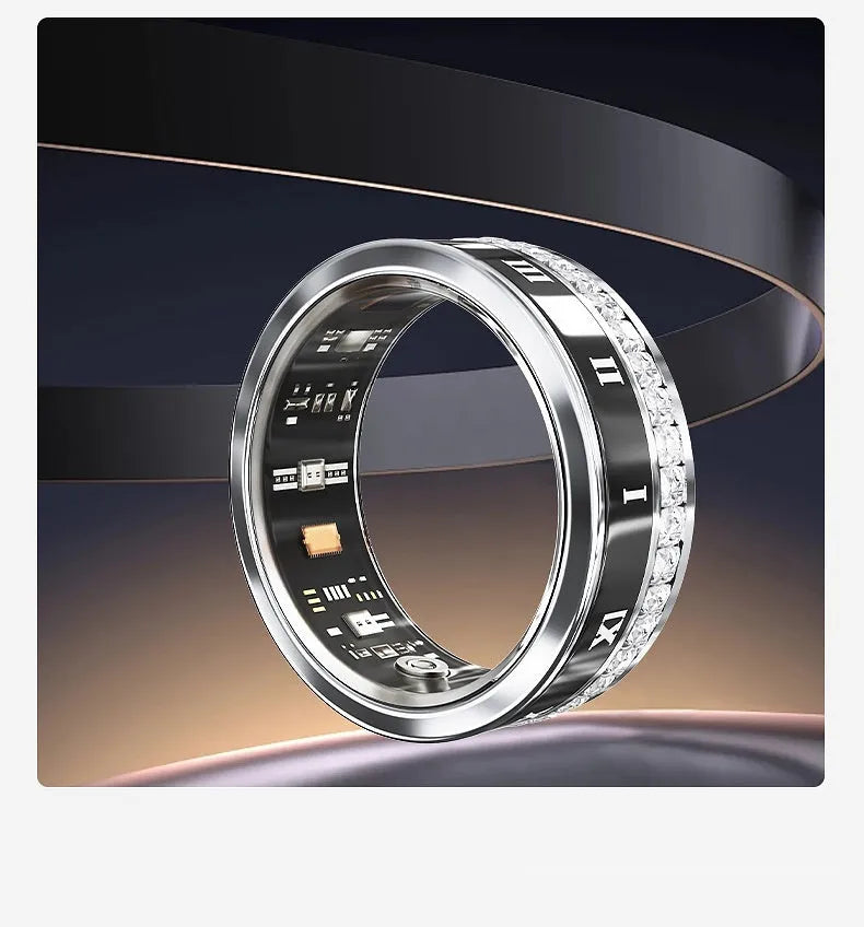Silver and gold smart rings with blood oxygen monitoring feature on display with charging cable